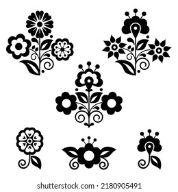 Estilo folclórico mexicano vectorial elementos de diseño floral, colección retro inspirada en el bordado tradicional en blanco y negro.  
Ornamento monocromo con flores, adornos de México
 