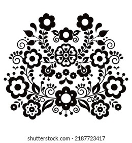 Diseño floral vectorial de estilo folk mexicano, patrón retro negro y blanco inspirado en el bordado tradicional de México. Fondo monocromo con flores, remolinos y hojas para tarjetas de felicitación