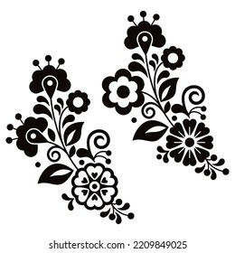 Estilo folclórico mexicano vectorial floral conjunto de dos, colección de diseños en blanco y negro inspirada en el bordado tradicional de México.  
Elementos decorativos monocromáticos flores 