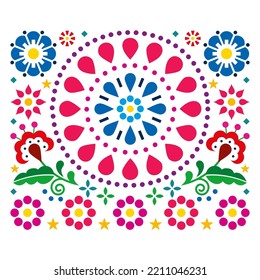 Mexican folk art style vector design with flowers and geometric mandala - perfect for greeting card or wedding invitaion.  
Traditional floral decoration, vibrant happy backgorund

