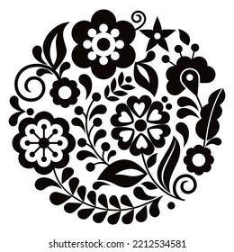 Estilo folclórico mexicano vectorial, diseño de naturaleza blanca y negra inspirado en el bordado tradicional de México. Elementos decorativos de Mandala de fondo monocromo flores 