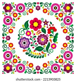 Mexican folk art style vector round floral pattern in frame, greeting card or wedding invitation design inspired by traditional embroidery from Mexico. Vibrant mandala decoration elements flowers