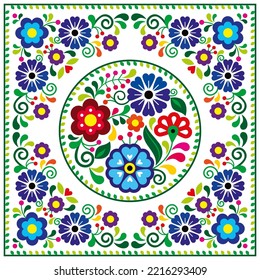 Diseño de tarjetas de felicitación vectorial de estilo folk mexicano con diseño de marco floral redondo, estilo de bordado floral de México. Vibrante decoración mandala elementos flores y borde

 