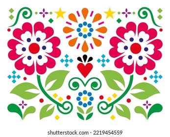 Mexican folk art style vector greeting card or invitation design with heart, flowers and leaves. Traditional vibrant floral decoration, coloful happy backgorund inspired by hand crafts from Mexico

