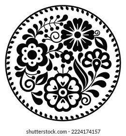 Mexican folk art style vector round floral pattern in frame, nature black and white mandala composition inspired by traditional embroidery designs from Mexico. Monochrome  decoration