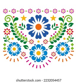 Mexican folk art style vector design with flowers and leaves, vibrant pattern perfect for greeting card or wedding invitation design. Traditional colorful floral decoration, coloful happy backgorund