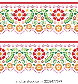 Mexican folk art style vector seamless pattern with flowers, leaves and geometric shapes, vibrant repetitive design perfect for wallpaper, textile or fabric print. Traditional colorful ornament 