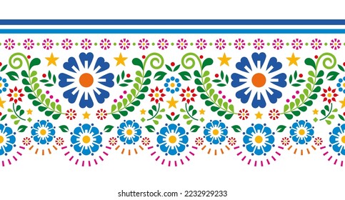 Mexican folk art style vector seamless long horizontal pattern with flowers, leaves and geometric shapes, vibrant repetitive design perfect for wallpaper, textile or fabric print. Traditional decor