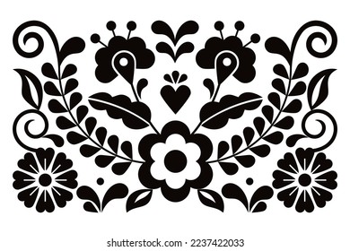 Mexikanische Volkskunst-Stil Vektor Grußkarte oder Hochzeitseinladung Design, traditionelles Muster mit Blumenblättern und Herz in Schwarz-Weiß. einfarbige Blumendekoration, einfarbiges Dekor inspiriert