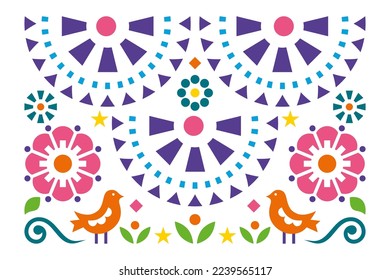 Mexican folk art style vector greeting card or invitaiton design with birds, flowers and leaves

 
Traditional colorful floral pattern, happy backgorund inspired by hand crafts from Mexico

