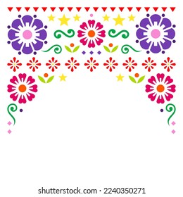 Mexican folk art style vector greeting card or invitation design, floral vibrant pattern. Traditional colorful decoration wtih flowers and leaves, happy backgorund inspired by hand crafts from Mexico
