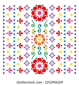 Estilo folk mexicano tarjeta vectorial de bienvenida o diseño de invitación, patrón vibrante floral en rojo, verde y morado. Decoración tradicional colorida con flores y hojas, feliz fondo 