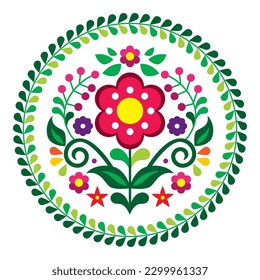 Mexican folk art style vector mandala floral pattern in frame, colorful round composition inspired by traditional embroidery designs from Mexico. Cool decoration elements with flowers