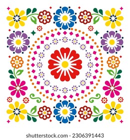 Estilo de arte folclórico mexicano vectorial cuadrado patrón vibrante floral - tarjeta de bienvenida o diseño de invitación. Decoración tradicional colorida con flores y hojas, fondo feliz inspirado en la artesanía 