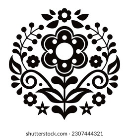 Mexican folk art style vector mandala pattern with flowers, vibrant round design inspired by traditional embroidery designs from Mexico in black and white. Monochrome floral decoration