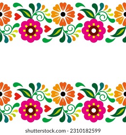 Mexican folk art style vector floral design, retro colorful greeting card and seamless pattern inspired by traditional embroidery from Mexico. Vibrant decor with flowers, swirls and leaves 
