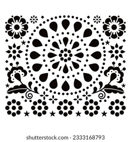 Mexican folk art style vector design with flowers and geometric mandala - perfect for greeting card or wedding invitaion in black and white. Traditional floral decoration, monochrome happy backgorund
