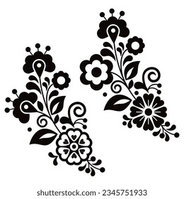 Mexican folk art style vector floral long black and white pattern, designs inspired by traditional embroidery from Mexico. Monochrome ornament with flowers - perfect for greeting card on invitation 
 