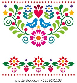 Mexican folk art style vector greeting card or wedding invitation design with flowers and two birds. Traditional colorful floral decoration, happy backgorund inspired by hand crafts from Mexico - love