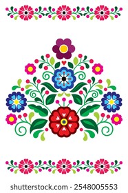 Patrón floral del Vector del estilo del arte popular mexicano, diseño retro de la tarjeta de felicitación 5x7 inspirado en el bordado tradicional de México
 