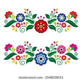 Mexican folk art style vector long horizontal floral pattern,  greeting card retro design inspired by traditional embroidery from Mexico. Non AI generated