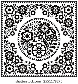 Diseño de tarjeta de felicitación de Vector de estilo de arte popular mexicano con patrón floral redondo en marco, estilo de bordado floral de México en blanco y negro
 