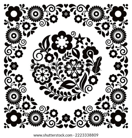 Mexican folk art style vector round floral pattern in frame, black and white greeting card or wedding invitation design inspired by traditional embroidery from Mexico. Monochrome mandala decoration 