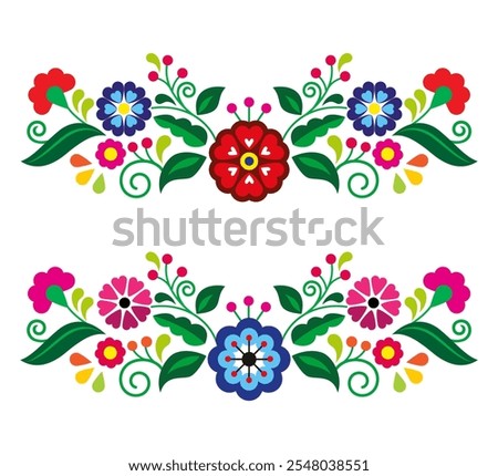 Mexican folk art style vector long horizontal floral pattern,  greeting card retro design inspired by traditional embroidery from Mexico. Non AI generated