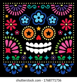 Mexican folk art vector folk art design with sugar skull and flowers, Halloween and Day of the Dead colorful pattern on black background - greeting card. 
Vibrant floral background with La Catrina 