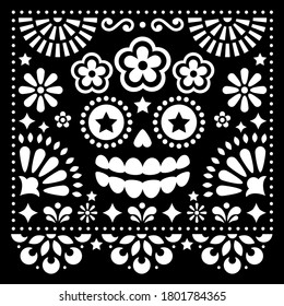 Mexican folk art vector folk art design with sugar skull and flowers, Halloween and Day of the Dead white pattern on black background - greeting card. Floral monochrome background with La Catrina 