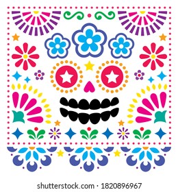 Mexican folk art vector folk art design with sugar skull and flowers, colorful Halloween and Day of the Dead greeting card. Floral vibrant background