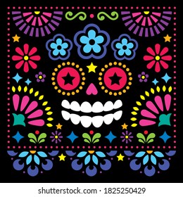 Mexican folk art vector folk art design with sugar skull and flowers, colorful Halloween and Day of the Dead greeting card on black. Floral vibrant background with La Catrina