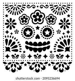 Mexican folk art vector folk art design with sugar skull and flowers, Halloween and Day of the Dead black pattern on white background - greeting card.   
Floral monochrome background with La Catrina