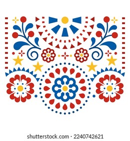 Mexican folk art vector  design with flowers, leaves and geomeric shapes, floral pattern perfect for greeting card or wedding invitation design. Traditional colorful  decoration, happy backgorund 