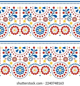 Diseño vectorial de arte folclórico mexicano con flores, patrón sin fisuras en amarillo, rojo y azul - papel pintado, papel textil o estampado de tela.  
Ornamento floral tradicional inspirado en el arte folclórico de México