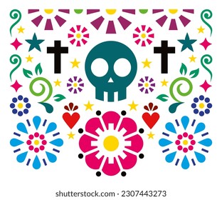 Mexican folk art vector folk art design with skull, crosses and flowers, Halloween and Day of the Dead colorful pattern - greeting card
  
Vibrant floral background with calavera - Mexico