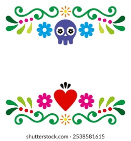 Diseño de Vector de arte popular mexicano con calaveras y flores - tarjeta de felicitación o diseño de invitación de boda