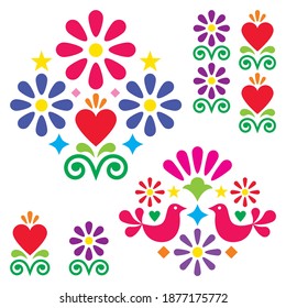 Mexican folk art vector designn elements and patterns, vibrant colorful motifs with flowers, birds, hearts. Traditional retro ornaments collection inspired by art from Mexico