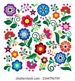 Patrón de tarjetas de saludo floral vectorial de arte folclórico mexicano, composición cuadrada con flores inspiradas en diseños tradicionales de bordado de México. Ornamento retro con remolinos, hojas y flores en blanco 