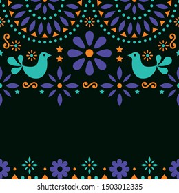 Mexican folk art vector greeting card, retro wedding or party invitation on black background. 
Cute vibrant design inspired by traditional art from Mexico flowers, birds and abstract shapes 