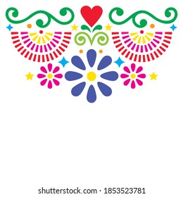 Mexican folk art vector greeting card or invitation design, colorful pattern with flowers and geometric shapes. Traditional retro motif inspired by ethnic ornaments from Mexico
 