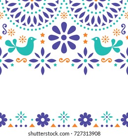 Mexican folk art vector greeting card, retro wedding or party invitation with modern twist 
Cute design inspired by traditional art from Mexico flowers, birds and abstract shapes on white background