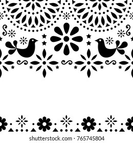 Mexican folk art vector greeting card, retro wedding or party invitation with modern twist 
Cute monochrome design inspired by traditional art from Mexico flowers, birds and abstract shapes on white