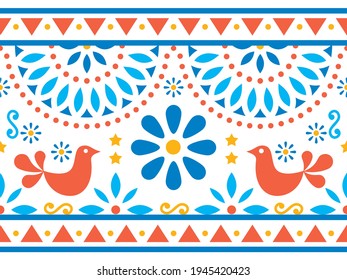 Mexican folk art vector long seamless pattern with birds and flowers, textile or greeting card design inspired by traditional art form Mexico. Flowers, animals and abstract shapes festive ornament 