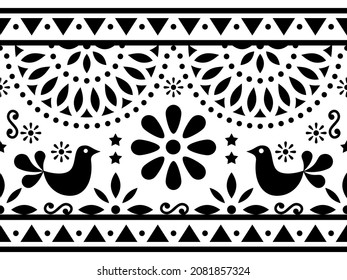 Mexican folk art vector long seamless pattern with birds and flowers, black and white textile or greeting card design inspired by traditional art form Mexico 
 
Flowers, animals and abstract shapes 