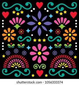 Mexican folk art vector pattern, colorful design with flowers greeting card inspired by traditional designs from Mexico.
Happy flowers and abstract shapes, retro background, greeting card 