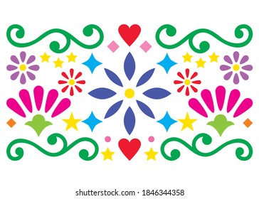 Mexican folk art vector pattern, vibrant design with flowers greeting card inspired by old designs from Mexico. Traditional retro motif, greeting card or invitation isolated on white
  
 