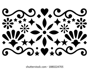 Mexican folk art vector pattern, black and white design with flowers greeting card inspired by old designs from Mexico. Traditional monochrome retro motif, greeting card or invitation  