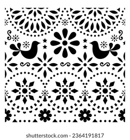 Mexican folk art vector pattern with birds and flowers, black and white fiesta greeting card design inspired by traditional art form Mexico. Flowers and abstract shapes, monochrome retro background 