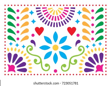 Mexican folk art vector pattern, colorful design with flowers inspired by traditional art form Mexico 
Happy background with flowers and abstract shapes isolated on white